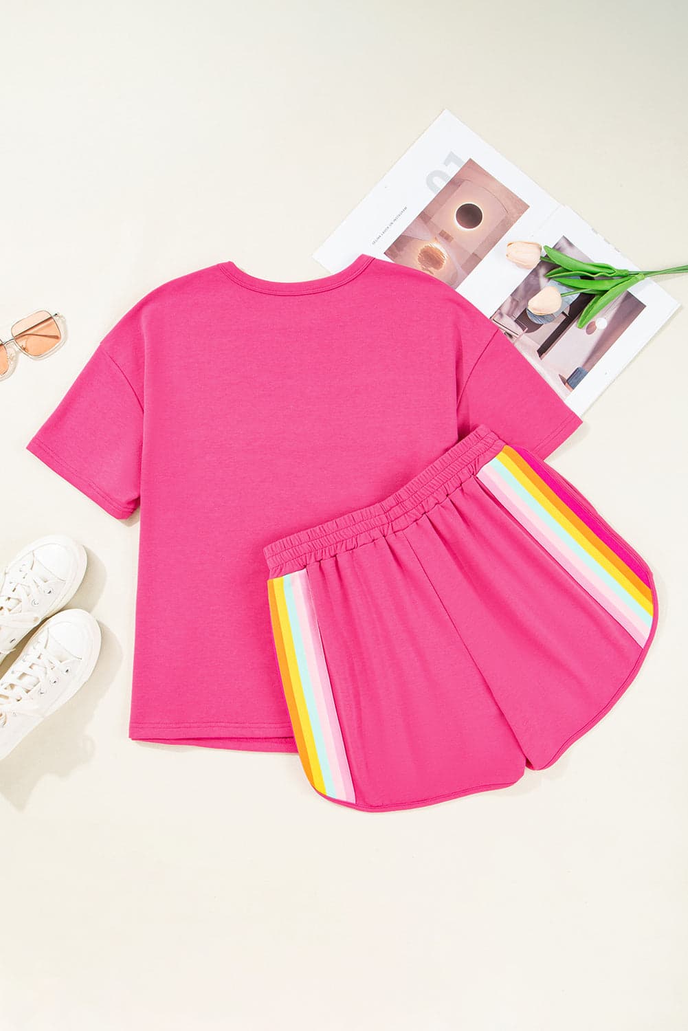 Stripe Short Sleeve Top & Shorts Athleisure Set - Beige / XL - Thumbnail 9