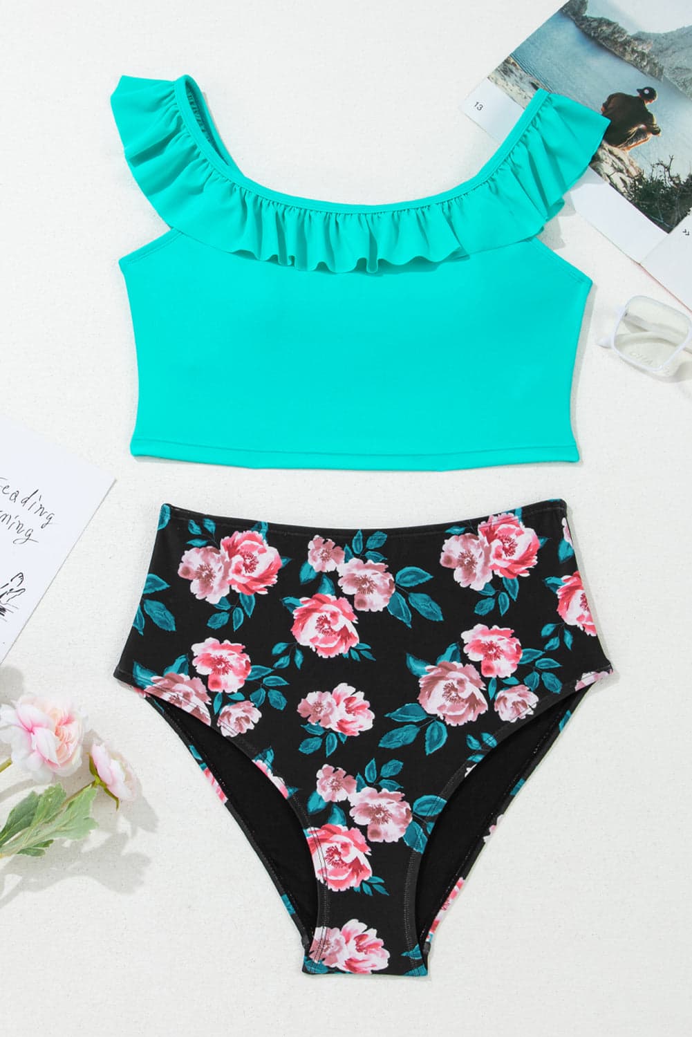 Solid Ruffle Top & Floral Bikini Set - Sea Green / XL - Thumbnail 2