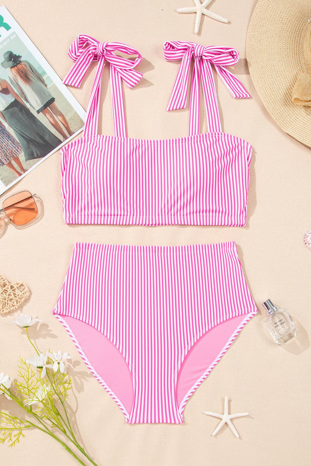 Stripe Knot Strap High Waist Bikini Swimsuit - Rose Stripe / S - Thumbnail 2