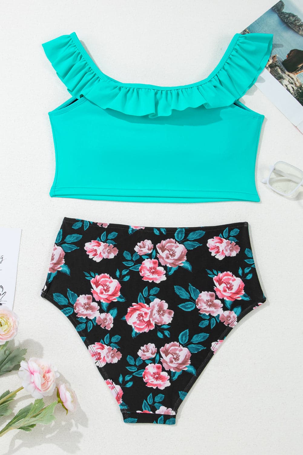 Solid Ruffle Top & Floral Bikini Set - Sea Green / XL - Thumbnail 3