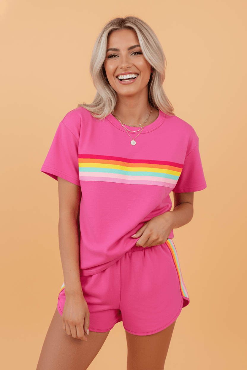Stripe Short Sleeve Top & Shorts Athleisure Set - Rose Red / S - Thumbnail 7