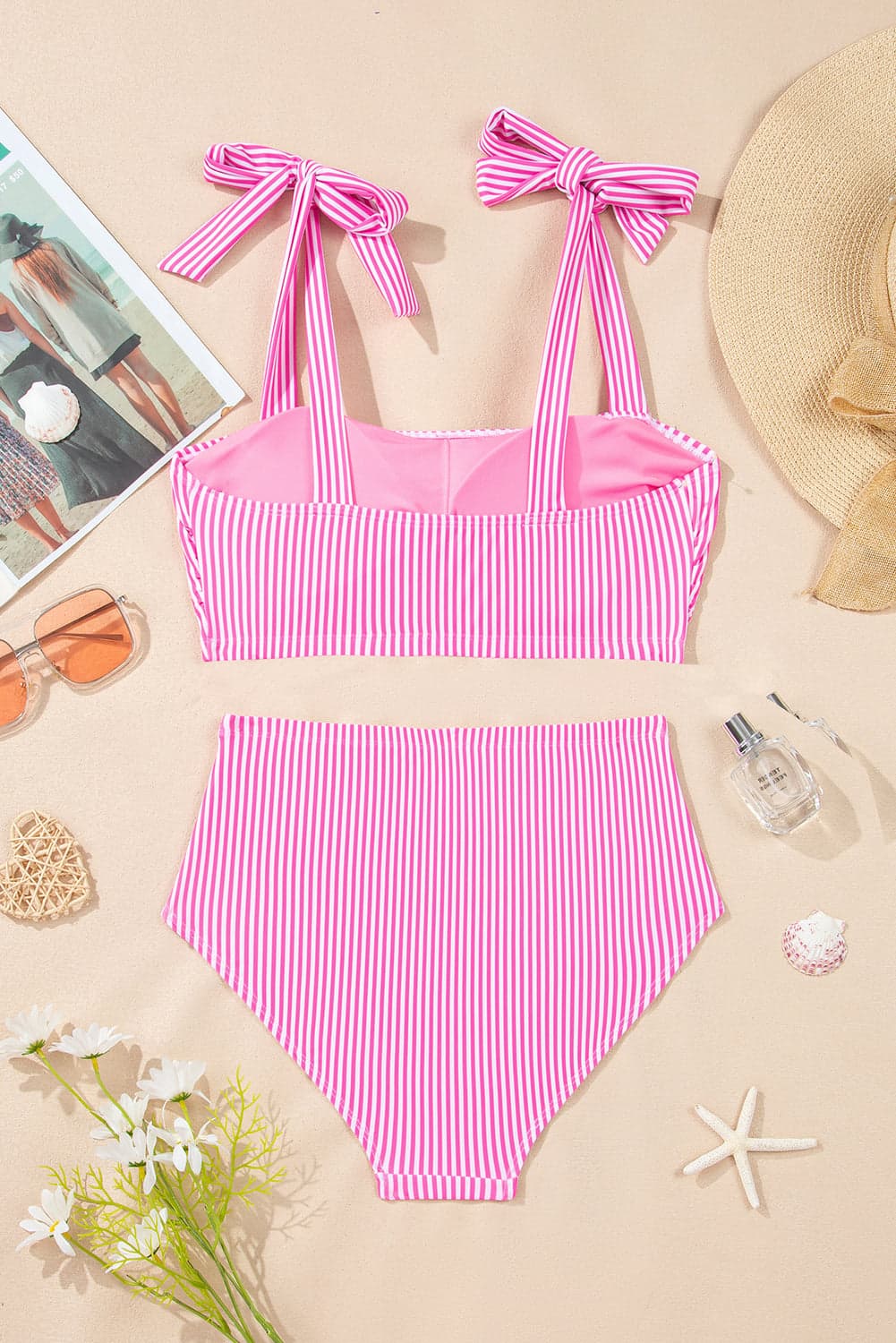 Stripe Knot Strap High Waist Bikini Swimsuit - Rose Stripe / M - Thumbnail 3