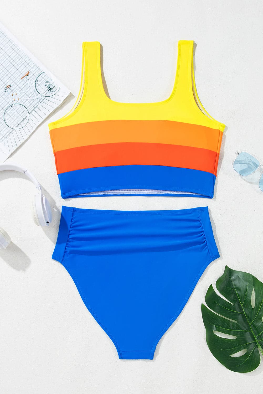 Colorblock Square Neck Top & High Waist Bikini Set - Blue / S - Thumbnail 3