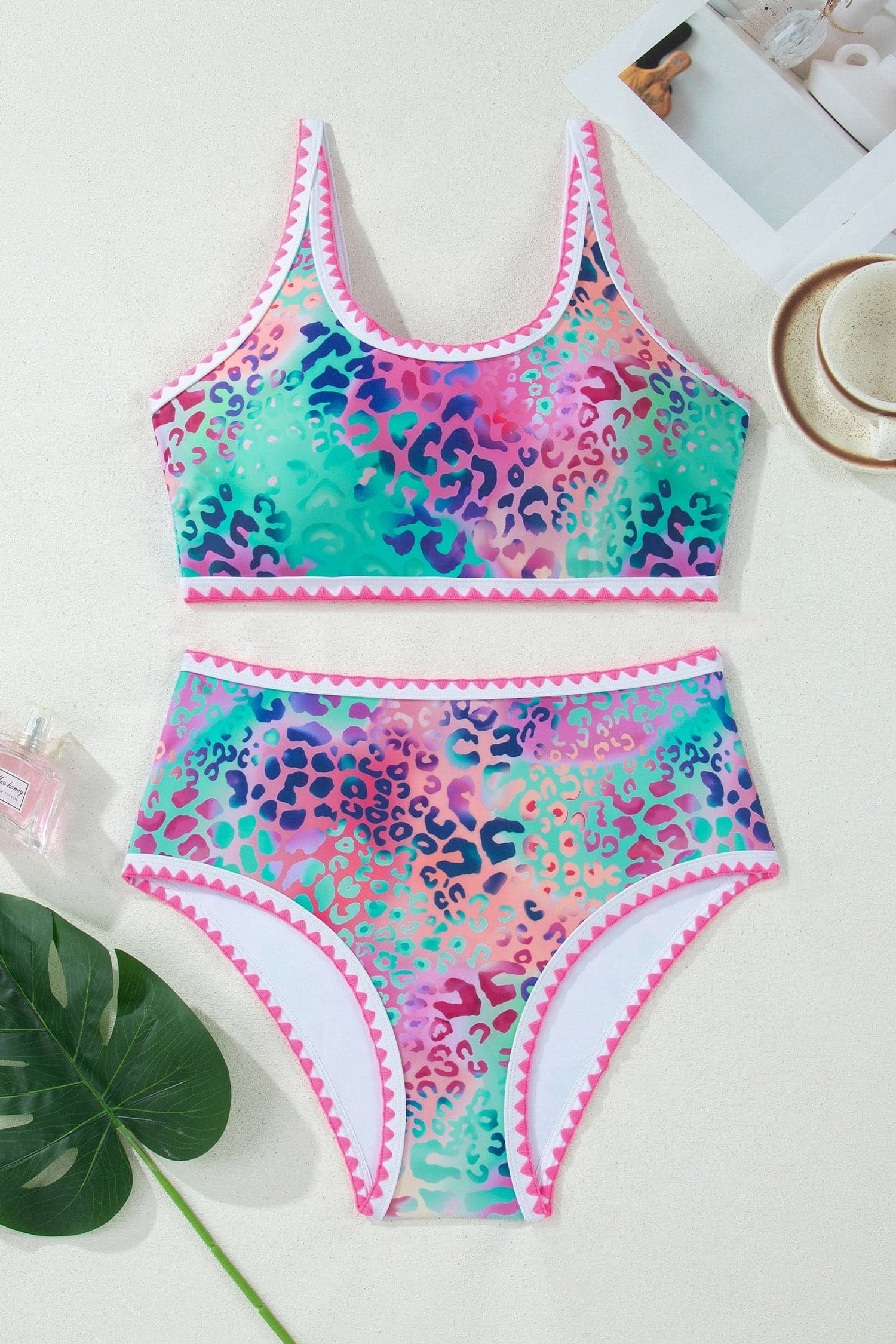 Leopard Ricrac High Waist Bikini Swim Set - Pink / S - Thumbnail 5
