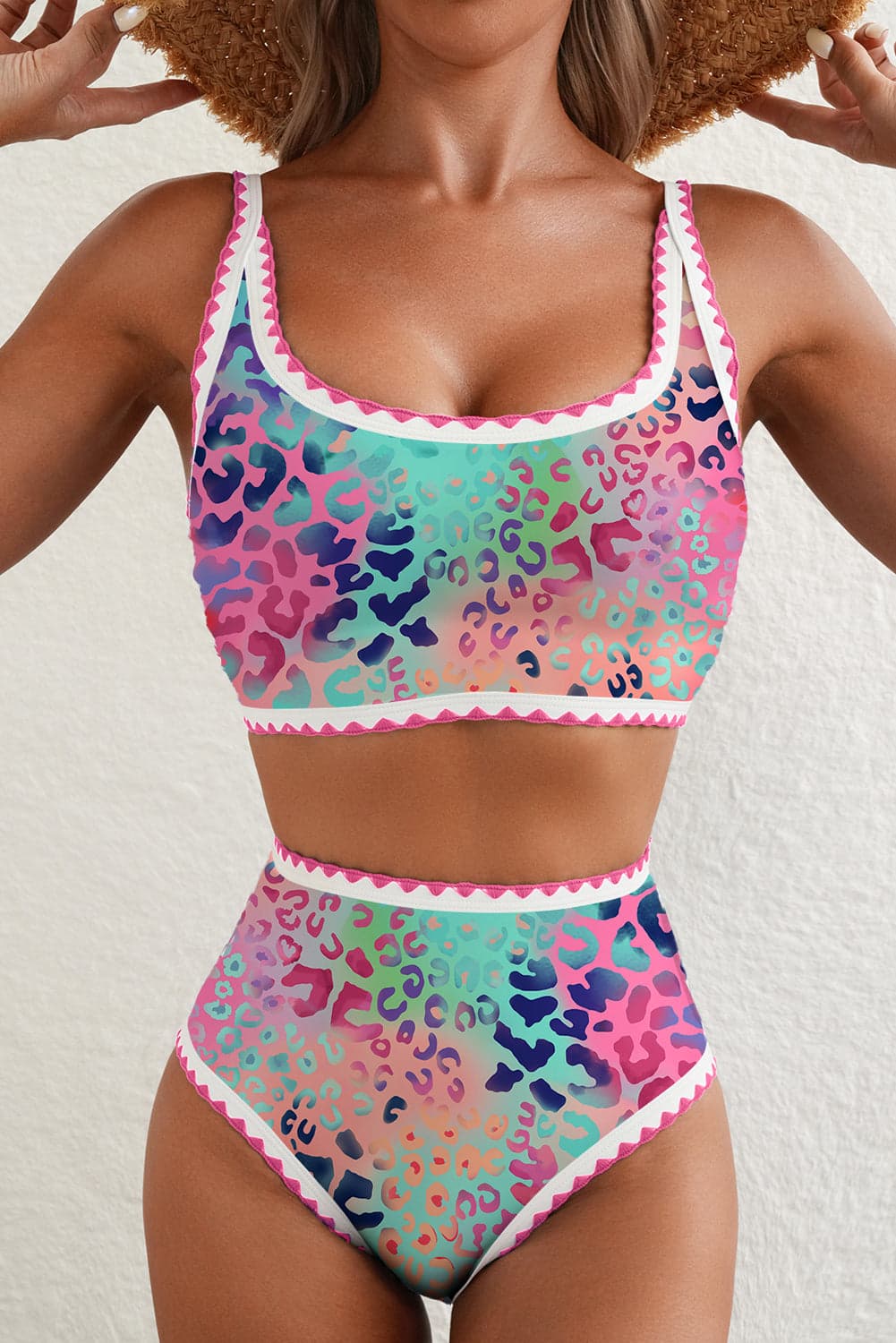 Leopard Ricrac High Waist Bikini Swim Set - Pink / S - Thumbnail 4