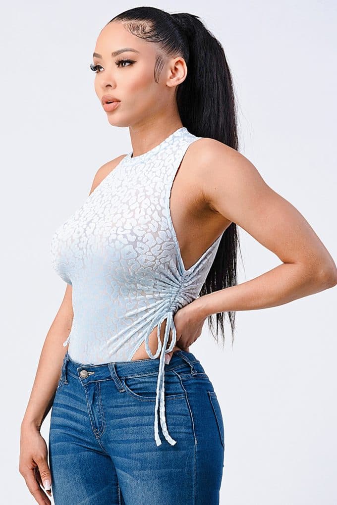 Velvet Leopard Side Shirring Extreme Cut Bodysuit - Champagne / L - Thumbnail 3