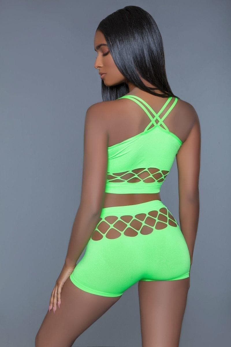 2 pc silk fishnet set that includes a tank crop top with criss-cross cami straps and a pair of high waisted booty shorts. - Neon Pink - Thumbnail 3