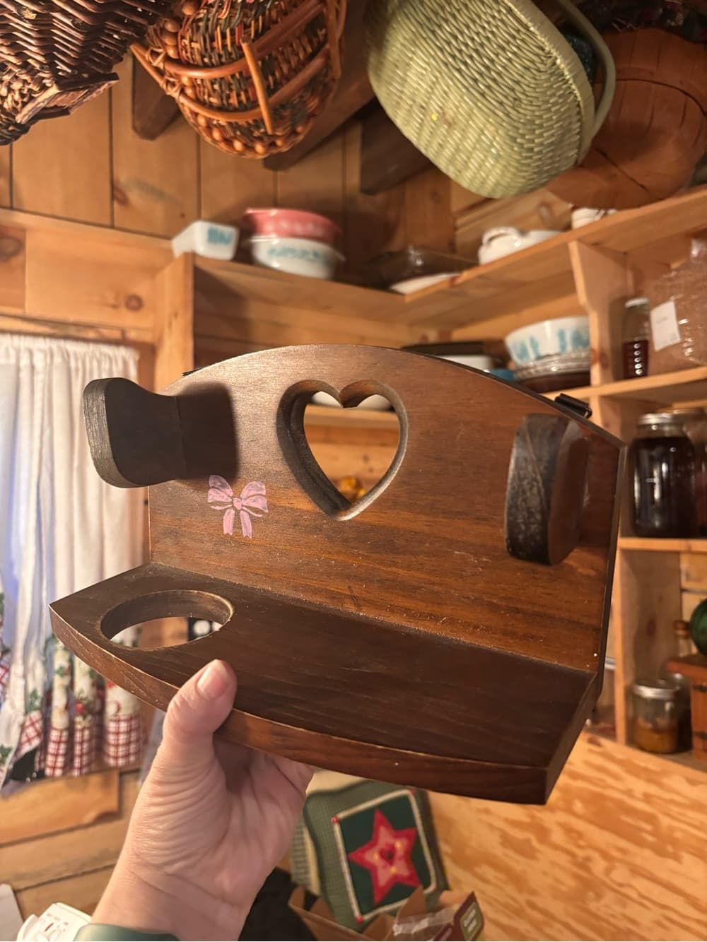 Wooden Heart Cutout Wall Shelf with Bow Accent hair dryer holder bathroom - Thumbnail 3
