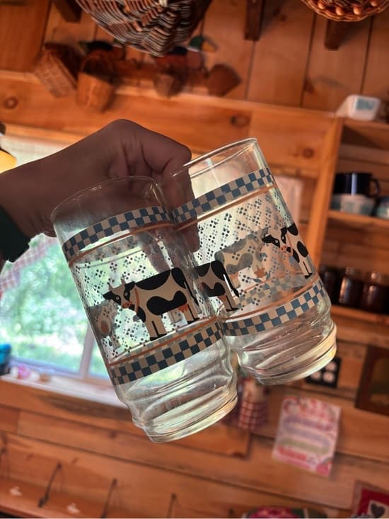 Farmhouse Cow Glass Tumbler Set - Blue Check Pattern - Thumbnail 2