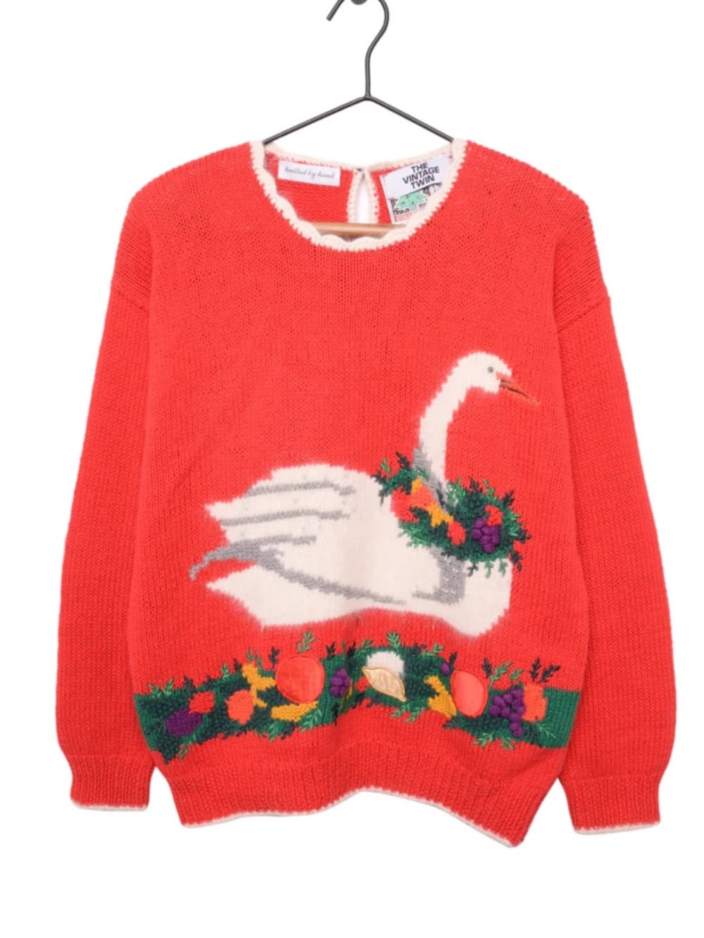 Vintage Hand Knit Christmas Sweater Ramie Cotton Swan Goose Casual Corner 90s - Thumbnail 3