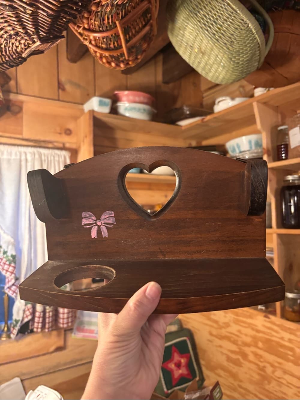 Wooden Heart Cutout Wall Shelf with Bow Accent hair dryer holder bathroom - Thumbnail 2