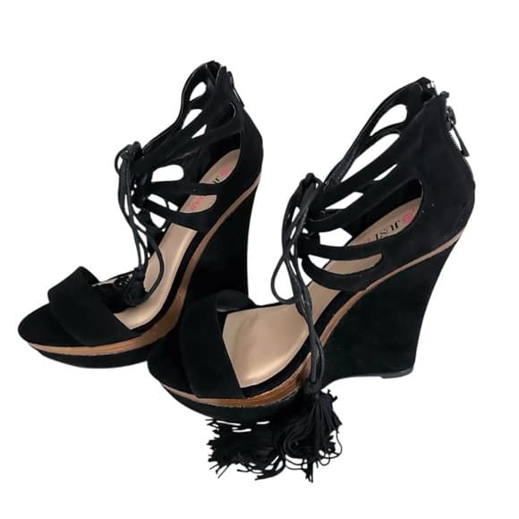 JustFab “Shanghai” Black Cutout Tassel Wedge Sandals Y2K Size 8.5 - Thumbnail 11