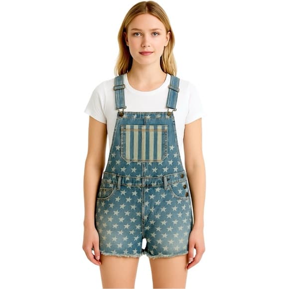 NWT Xhilaration Stars & Stripes Denim Shortalls Fourth of July Vibe Size Large - Thumbnail 7