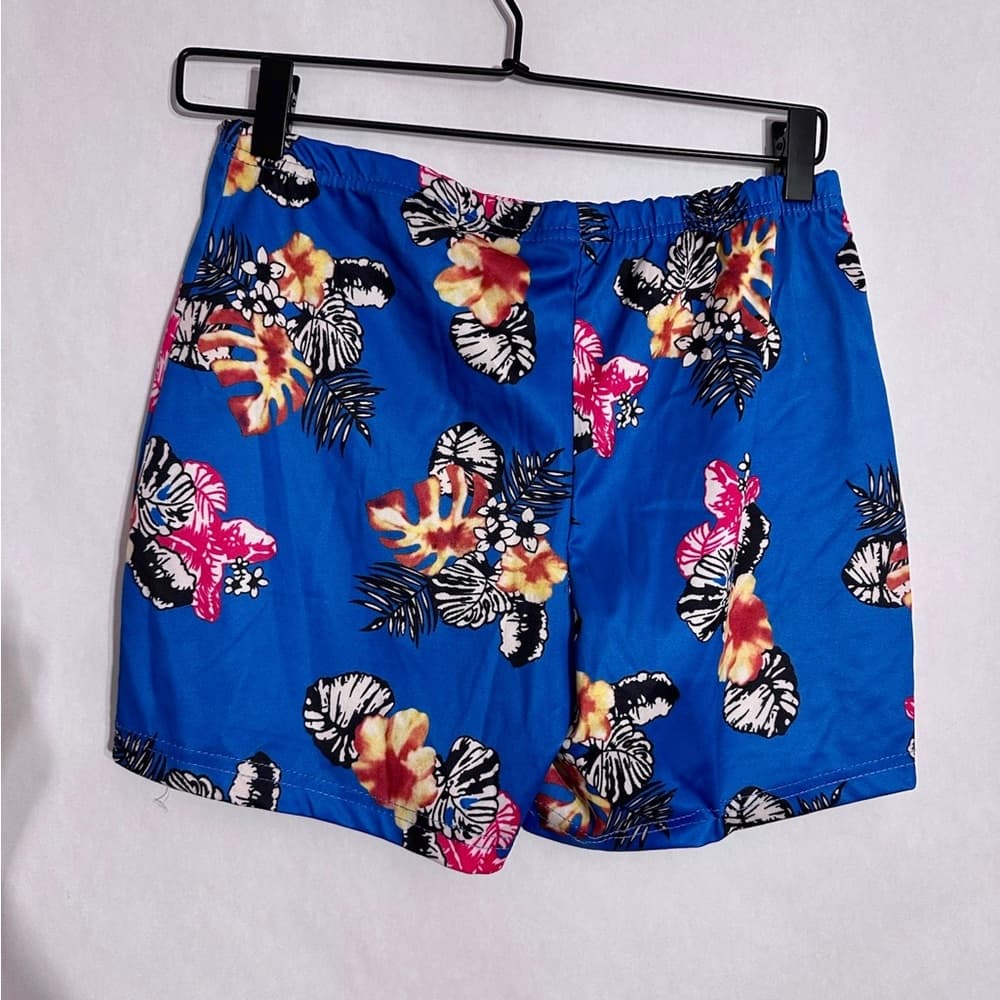 Blue Tropical Floral Print Two Piece Set Jacket & Shorts Lounge Travel Vacation - Thumbnail 5