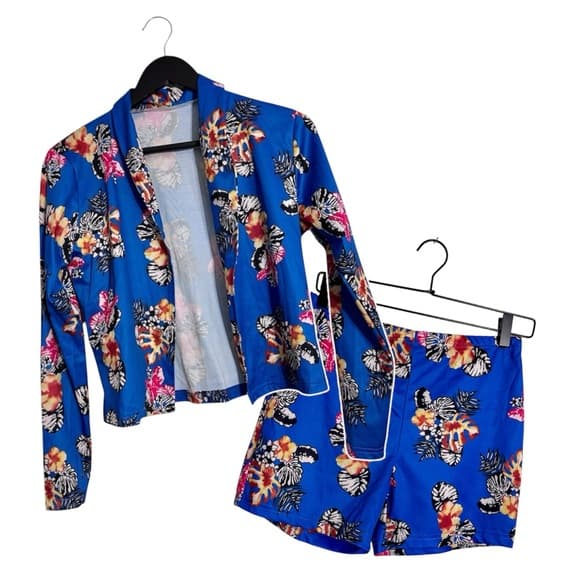 Blue Tropical Floral Print Two Piece Set Jacket & Shorts Lounge Travel Vacation - Thumbnail 17