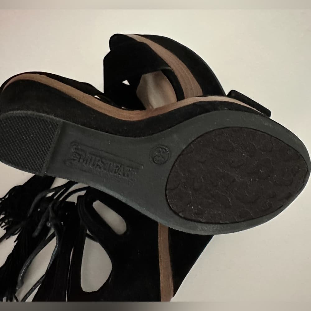 JustFab “Shanghai” Black Cutout Tassel Wedge Sandals Y2K Size 8.5 - Thumbnail 5