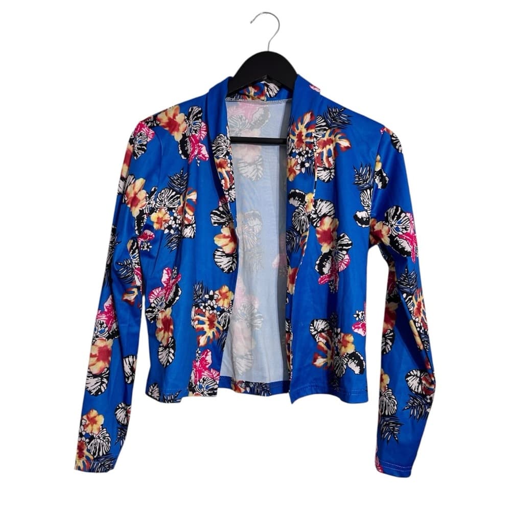 Blue Tropical Floral Print Two Piece Set Jacket & Shorts Lounge Travel Vacation - Thumbnail 2