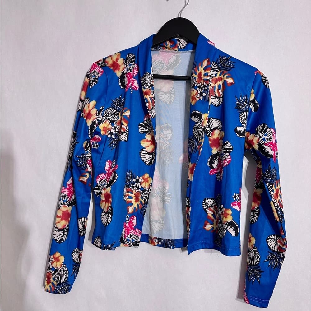 Blue Tropical Floral Print Two Piece Set Jacket & Shorts Lounge Travel Vacation - Thumbnail 7