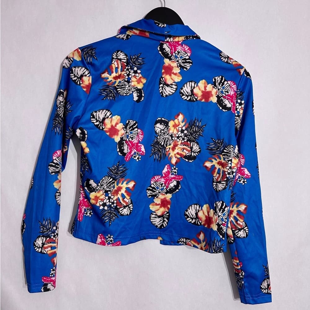 Blue Tropical Floral Print Two Piece Set Jacket & Shorts Lounge Travel Vacation - Thumbnail 8