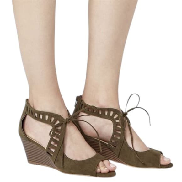JustFab Deanna Olive Green Cutout Peep Toe Wedge Sandals Size 8.5 - Thumbnail 16