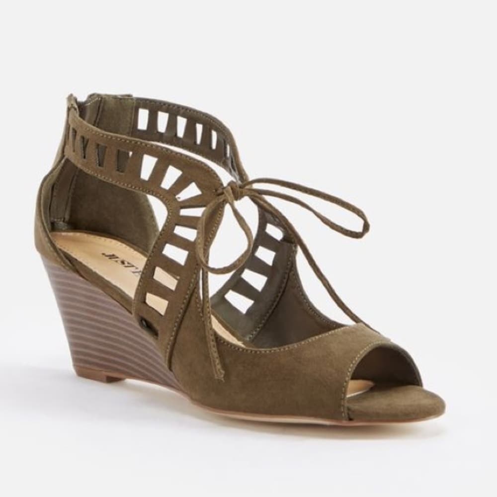 JustFab Deanna Olive Green Cutout Peep Toe Wedge Sandals Size 8.5 - Thumbnail 5