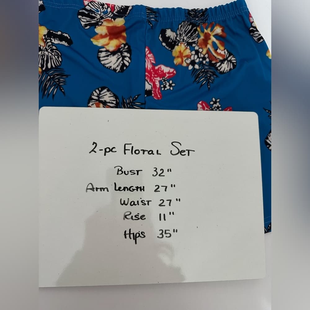 Blue Tropical Floral Print Two Piece Set Jacket & Shorts Lounge Travel Vacation - Thumbnail 14