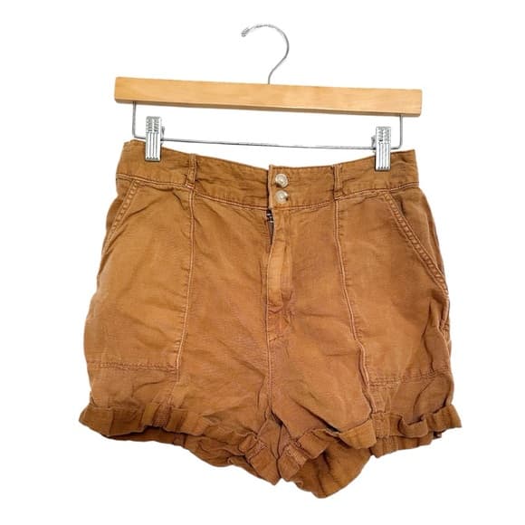 Joie High Rise Linen Blend Double Button Shorts Washed Carmel Brown Size 4 - Thumbnail 11