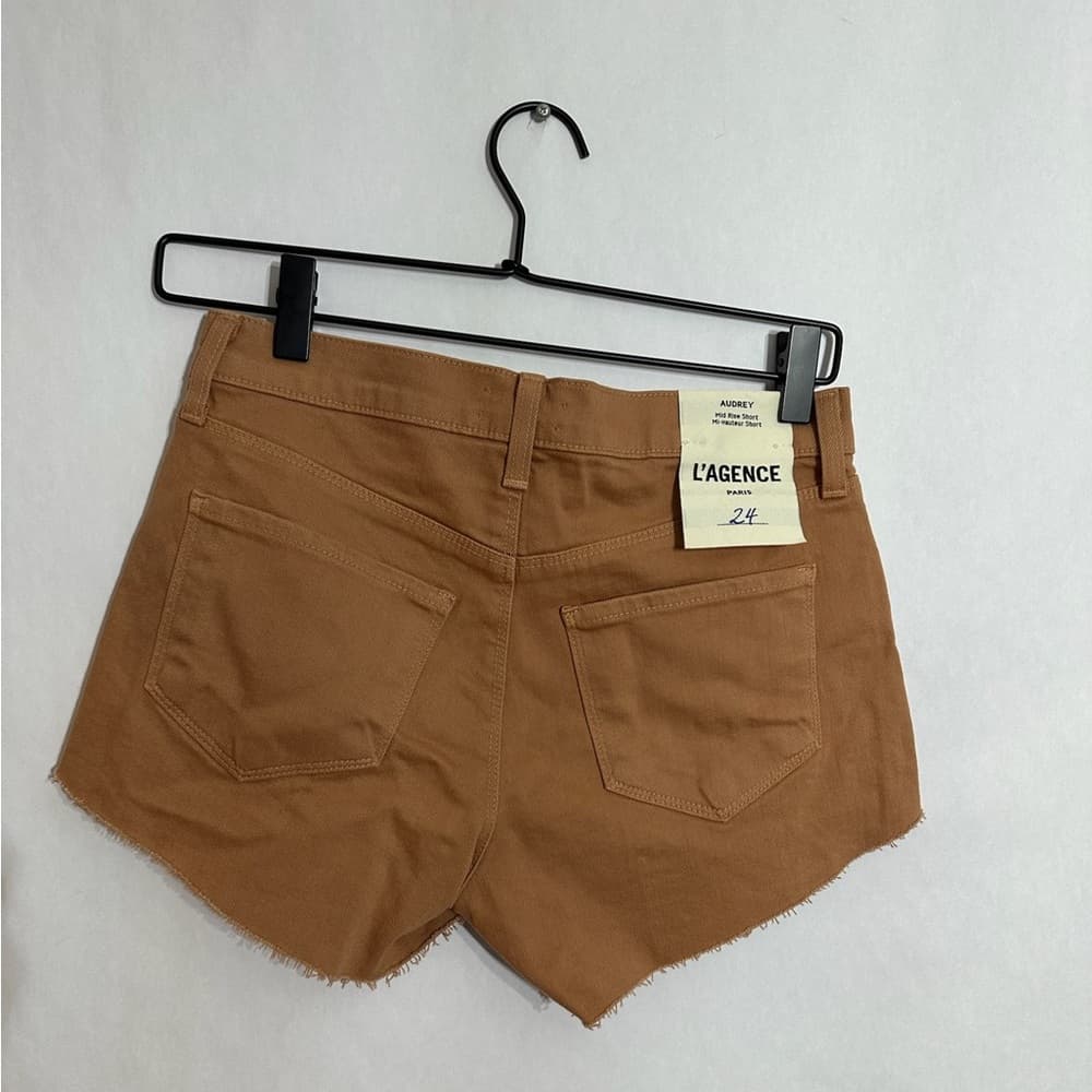 L’AGENCE Dark Camel Audrey Mid-Rise Raw Hem Denim Shorts 24 Bohemian Festival - Thumbnail 11