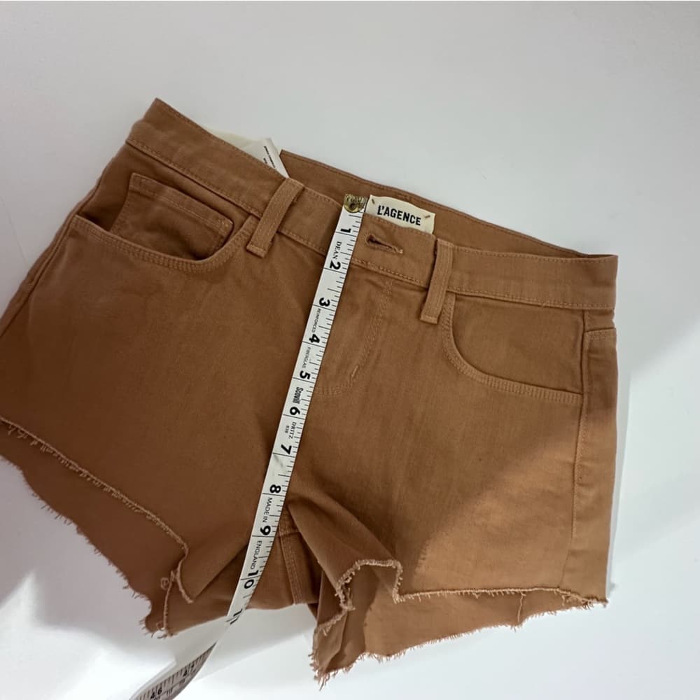 L’AGENCE Dark Camel Audrey Mid-Rise Raw Hem Denim Shorts 24 Bohemian Festival - Thumbnail 5
