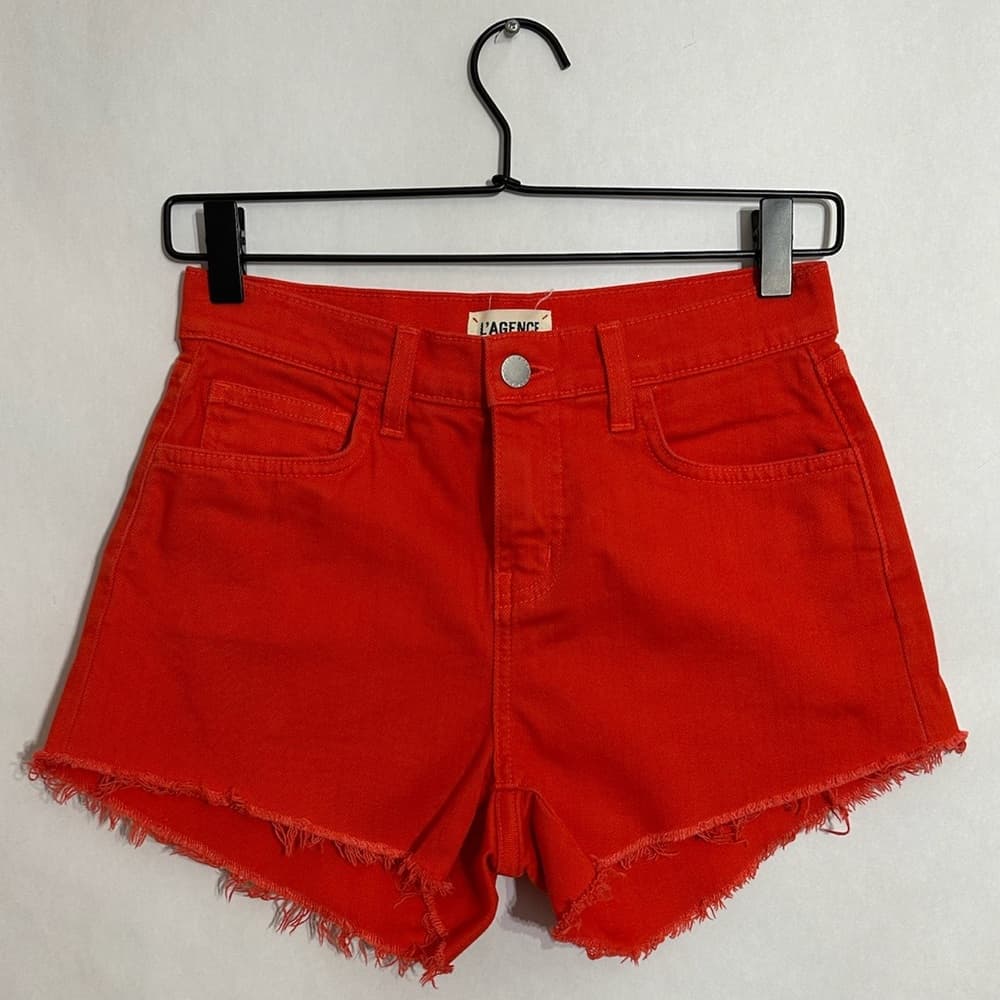 L’AGENCE Revolve Ryland Short in Red Frayed Hem Denim Shorts Bohemian Size 24 - Thumbnail 5