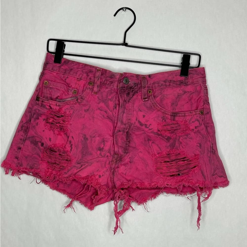Levi’s Urban Outfitters Pink Tie Distressed Cutoff Shorts 32 High Rise Festival - Thumbnail 4