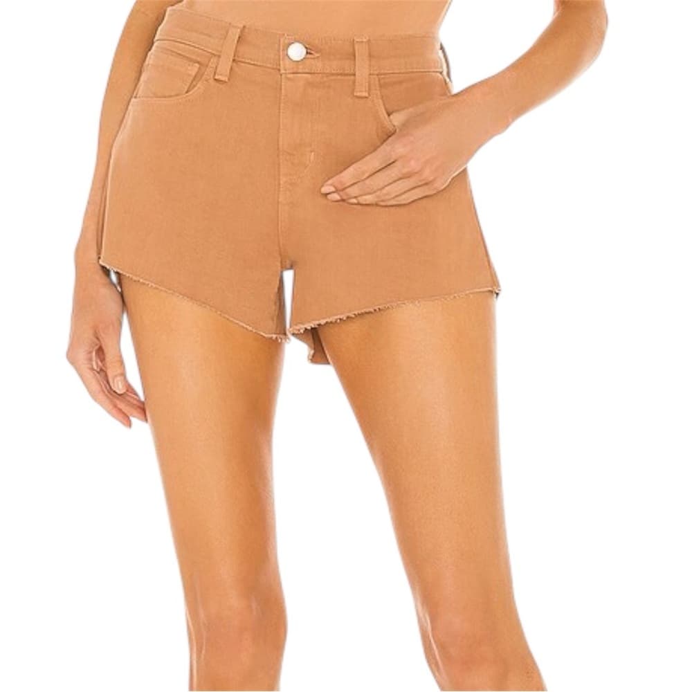 L’AGENCE Dark Camel Audrey Mid-Rise Raw Hem Denim Shorts 24 Bohemian Festival - Thumbnail 13
