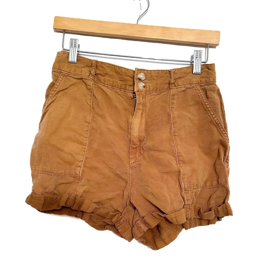 Joie High Rise Linen Blend Double Button Shorts Washed Carmel Brown Size 4 - Thumbnail 2