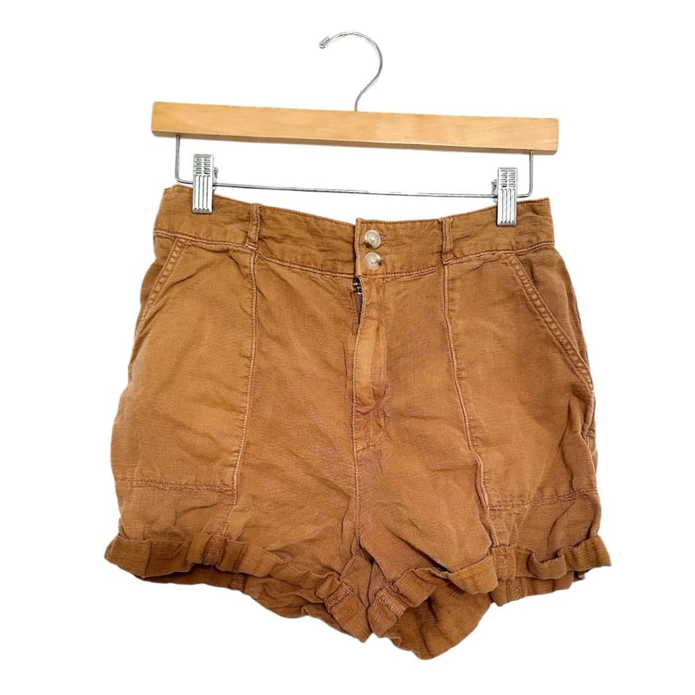 Joie High Rise Linen Blend Double Button Shorts Washed Carmel Brown Size 4 - Thumbnail 10