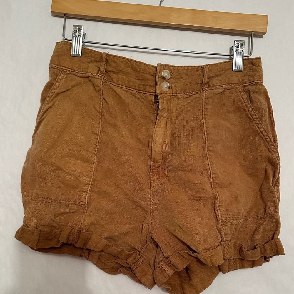 Joie High Rise Linen Blend Double Button Shorts Washed Carmel Brown Size 4 - Thumbnail 7