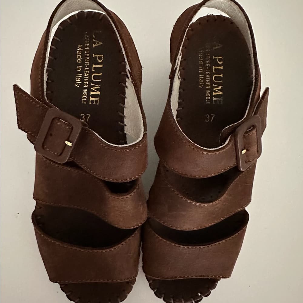 NEW Le Plume Italy Brown Leather Strap Open Toe Wedge Sandals IT 37 (US 6.5-7) - Thumbnail 2