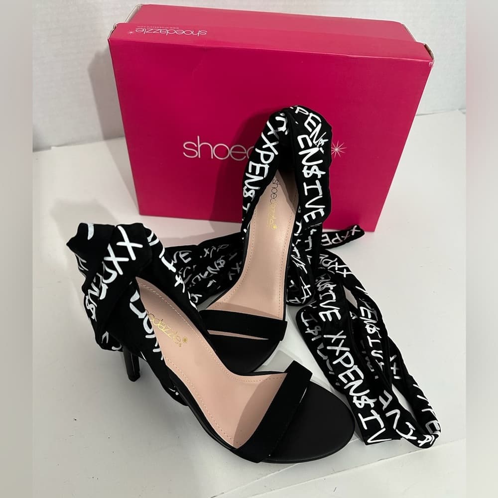 ShoeDazzle Erika Jayne XXPEN$IVE Black Wrap Heeled Stilettos Shoes Size 8 - Thumbnail 6