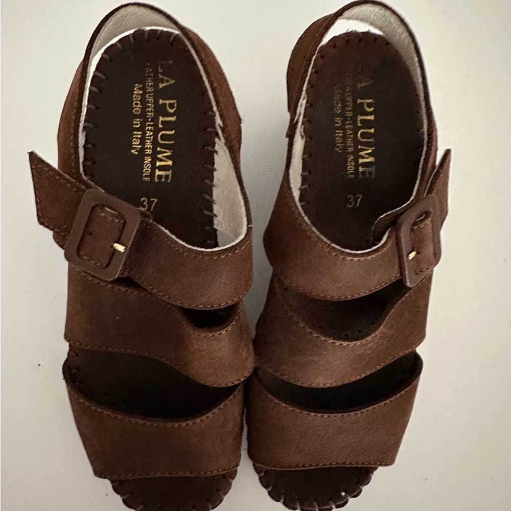 NEW Le Plume Italy Brown Leather Strap Open Toe Wedge Sandals IT 37 (US 6.5-7) - Thumbnail 7