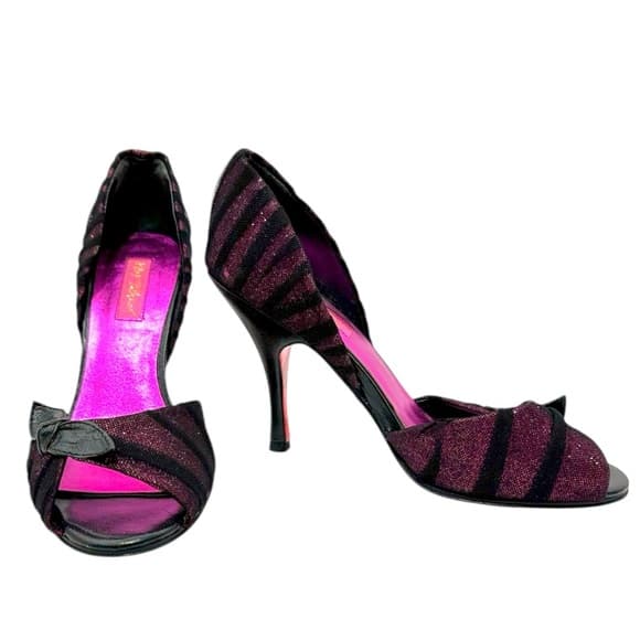 Betsey Johnson Fuchsia Pink Black Mesh Glitter Bow Heels Vintage Y2K Punk Size 8 - Thumbnail 17