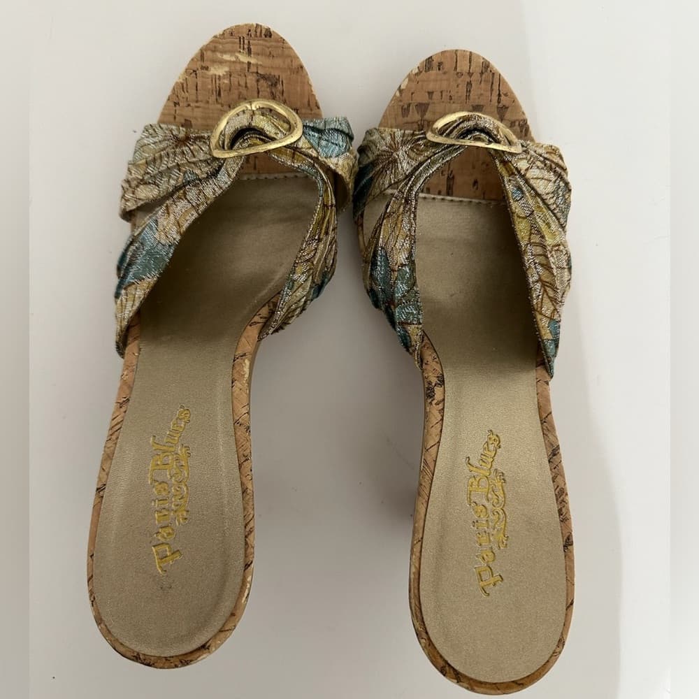Petals Bling Jacquard Cork-Look Platform Mules Gold Ring Y2K Size 7 - Thumbnail 4