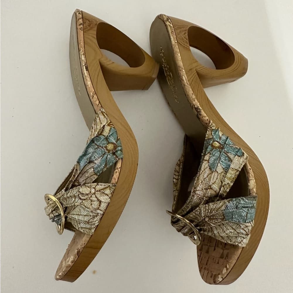 Petals Bling Jacquard Cork-Look Platform Mules Gold Ring Y2K Size 7 - Thumbnail 5