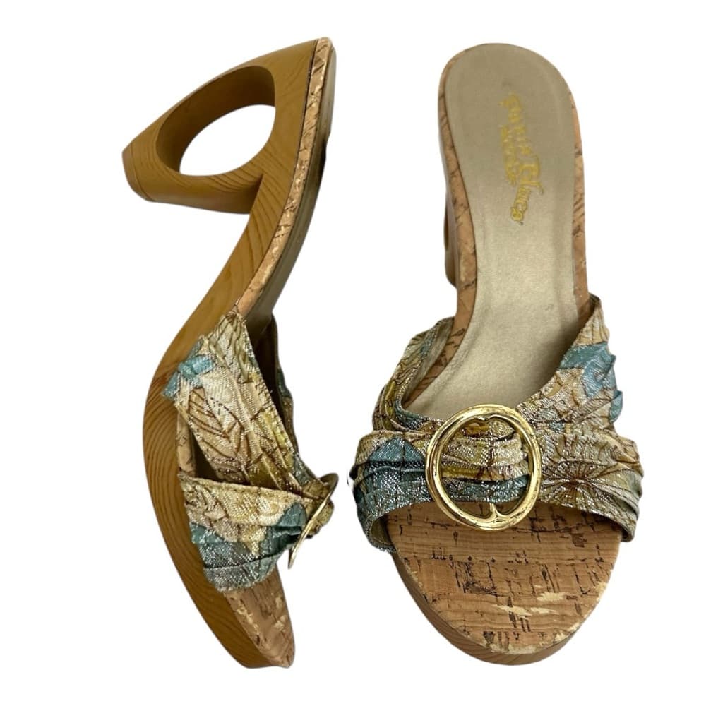 Petals Bling Jacquard Cork-Look Platform Mules Gold Ring Y2K Size 7 - Thumbnail 12
