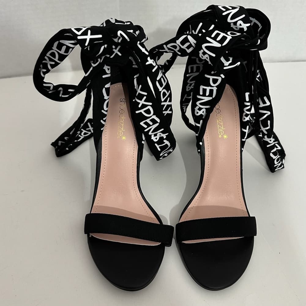 ShoeDazzle Erika Jayne XXPEN$IVE Black Wrap Heeled Stilettos Shoes Size 8 - Thumbnail 9