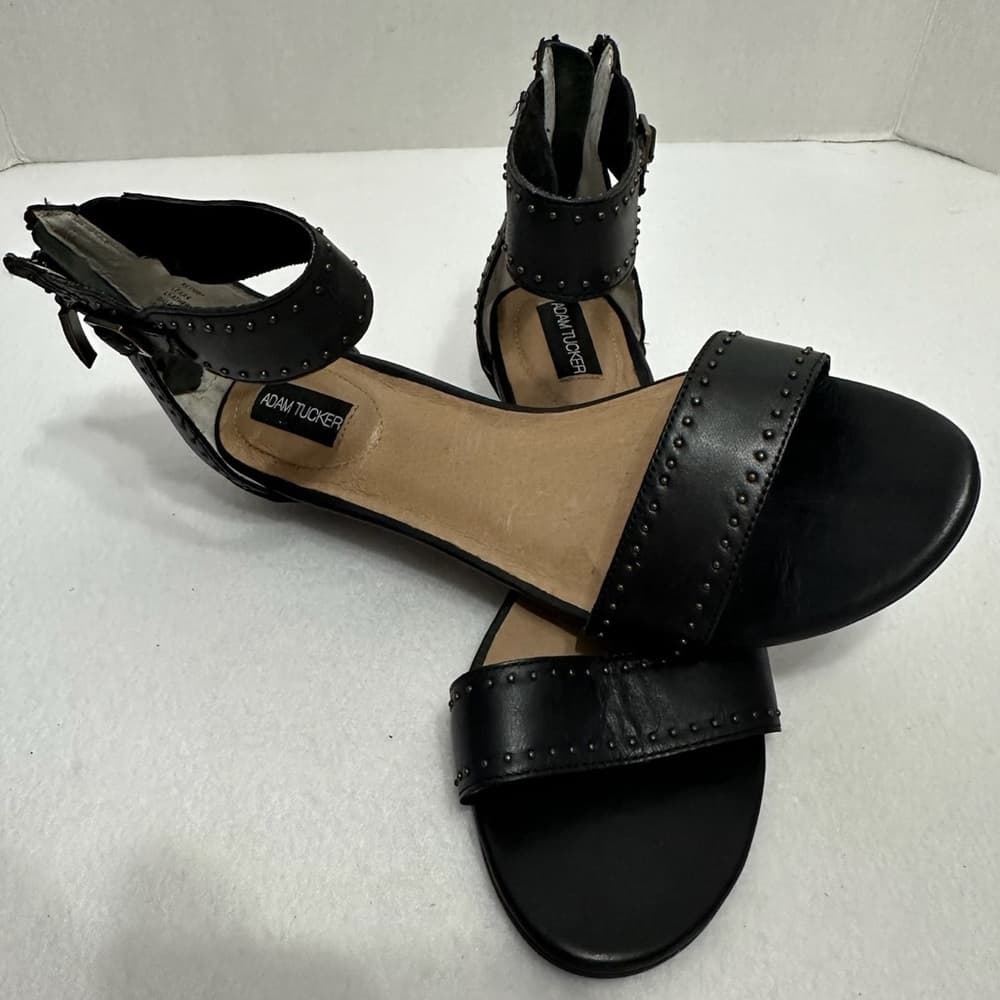 Adam Tucker Lexa Black Studded Leather Kitten Heel Ankle Strap Sandals Size 8 - Thumbnail 2