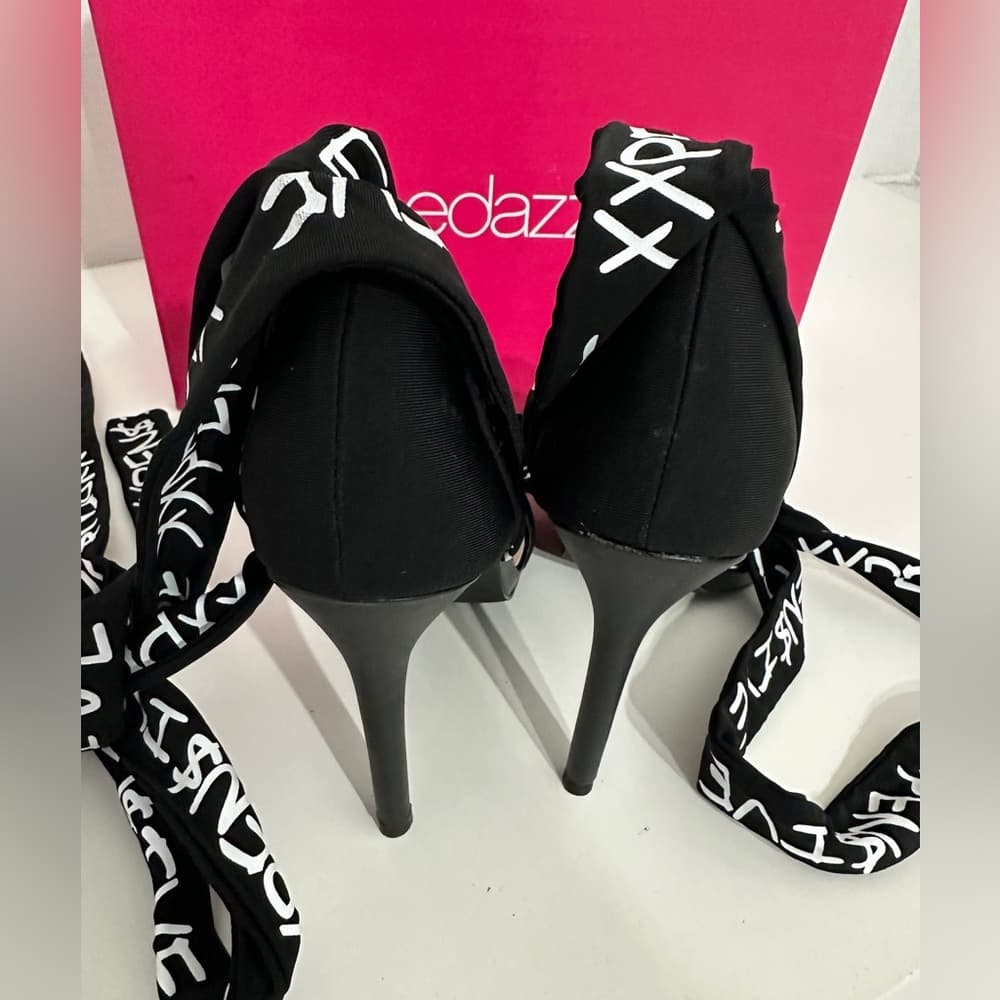ShoeDazzle Erika Jayne XXPEN$IVE Black Wrap Heeled Stilettos Shoes Size 8 - Thumbnail 4