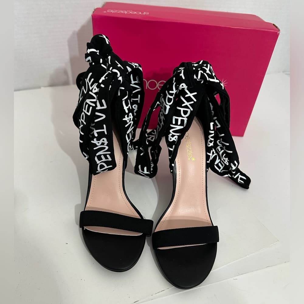 ShoeDazzle Erika Jayne XXPEN$IVE Black Wrap Heeled Stilettos Shoes Size 8 - Thumbnail 2
