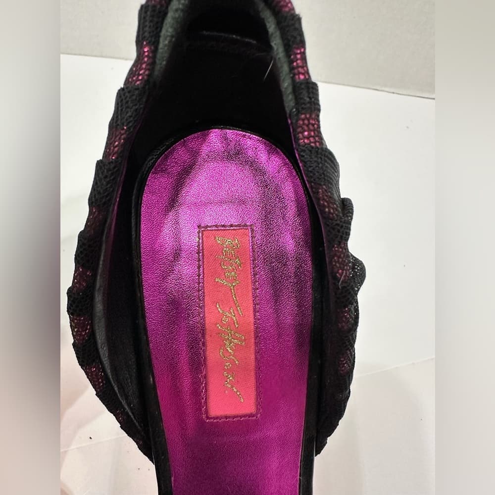 Betsey Johnson Fuchsia Pink Black Mesh Glitter Bow Heels Vintage Y2K Punk Size 8 - Thumbnail 6
