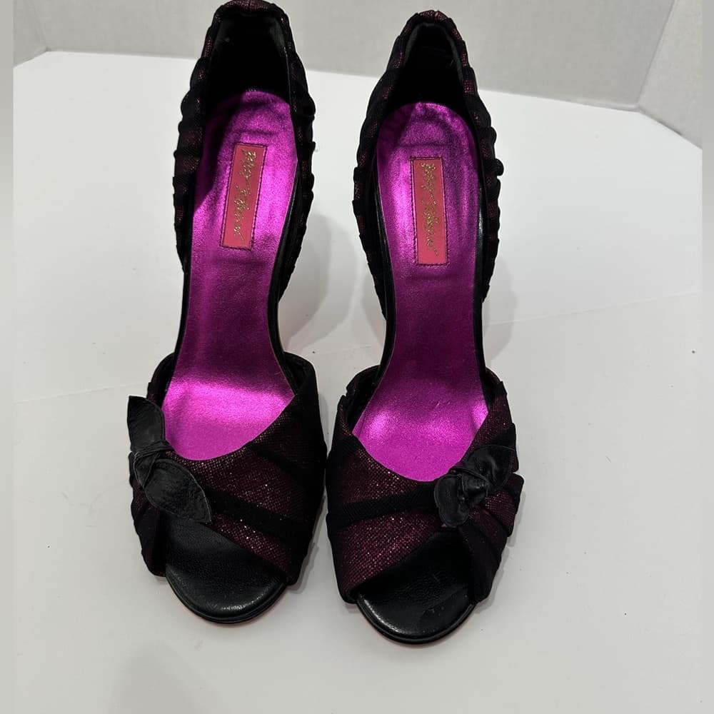 Betsey Johnson Fuchsia Pink Black Mesh Glitter Bow Heels Vintage Y2K Punk Size 8 - Thumbnail 8