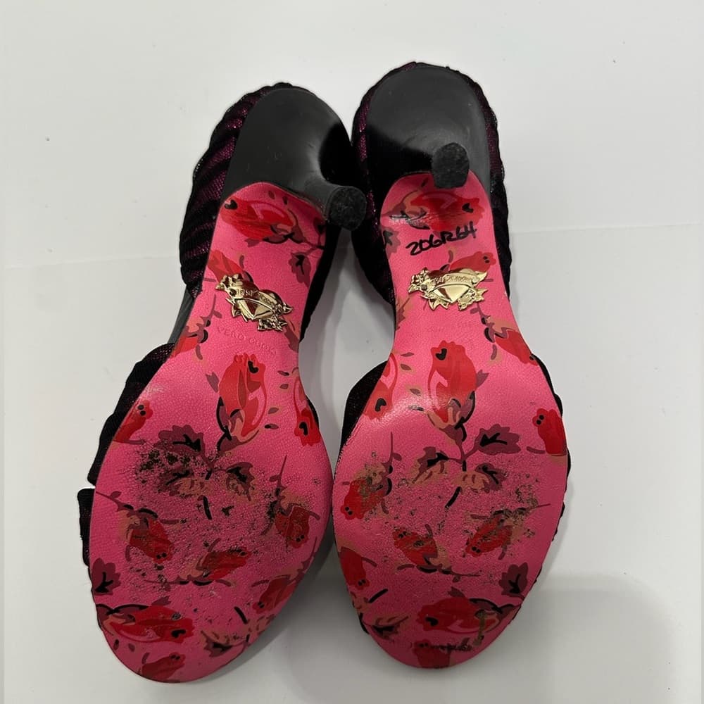 Betsey Johnson Fuchsia Pink Black Mesh Glitter Bow Heels Vintage Y2K Punk Size 8 - Thumbnail 14