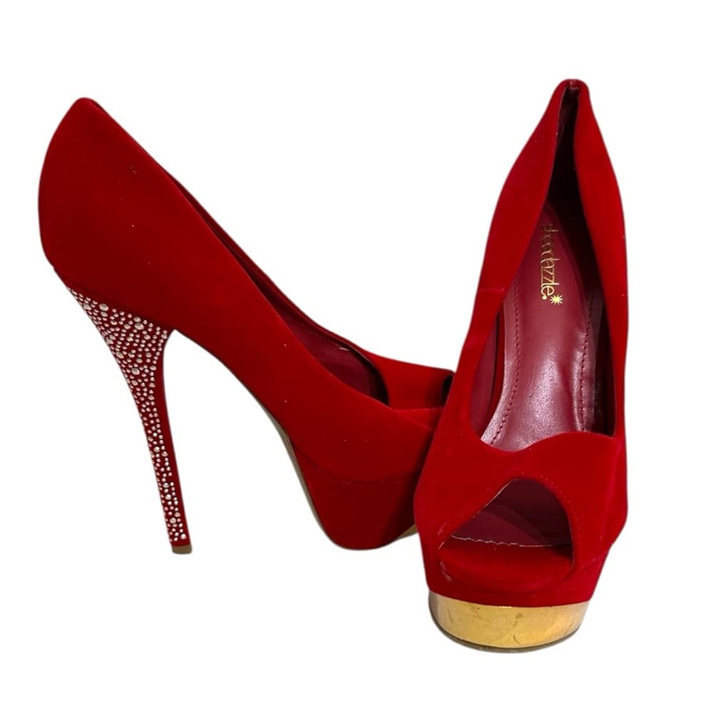 Shoedazzle Red Rhinestone Stiletto Platform Heels Size 9 Y2K Sparkle Glam Pumps - Thumbnail 16